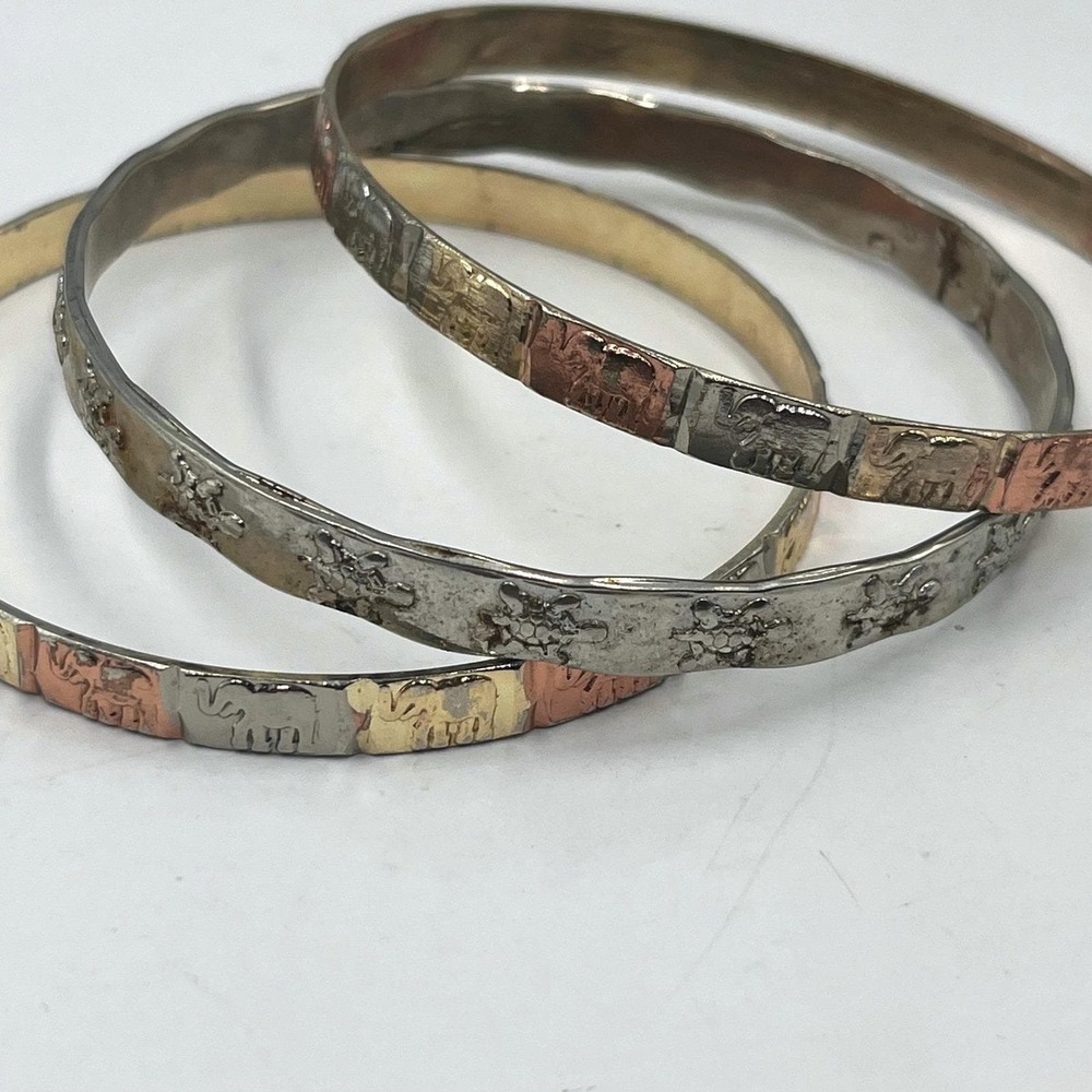 Vintage Tri-Tone Bangle Bracelet Set 3pc Elephant‎ & Turtle Animal Motif Jewelry